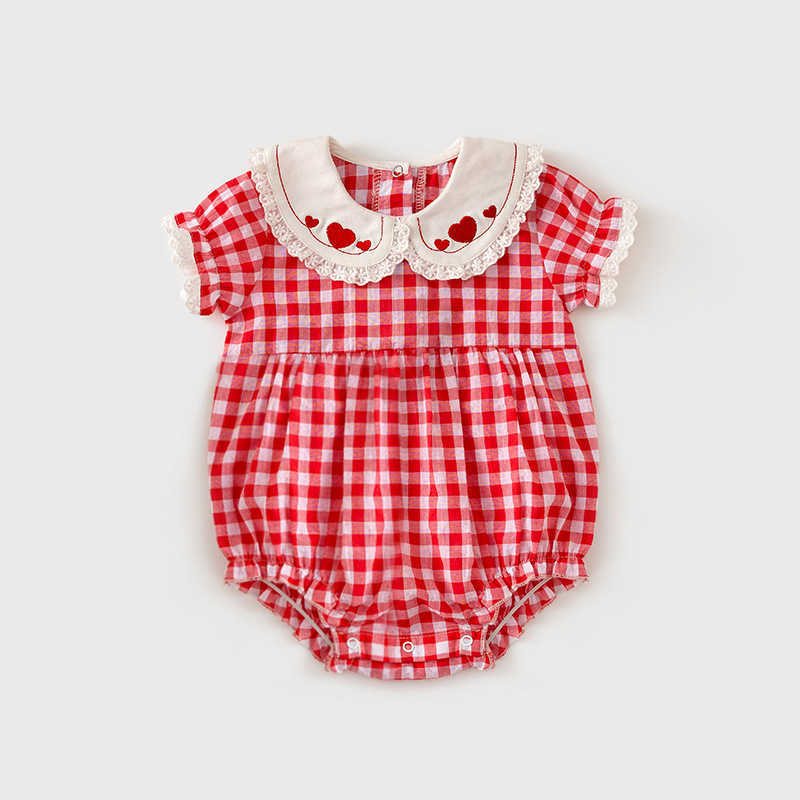2Pcs Baby Girl Plaid Romper Infant Korean Rompers with Bow Bag born Love Embroidery Bodysuit Summer Children Cotton Clothes 210615