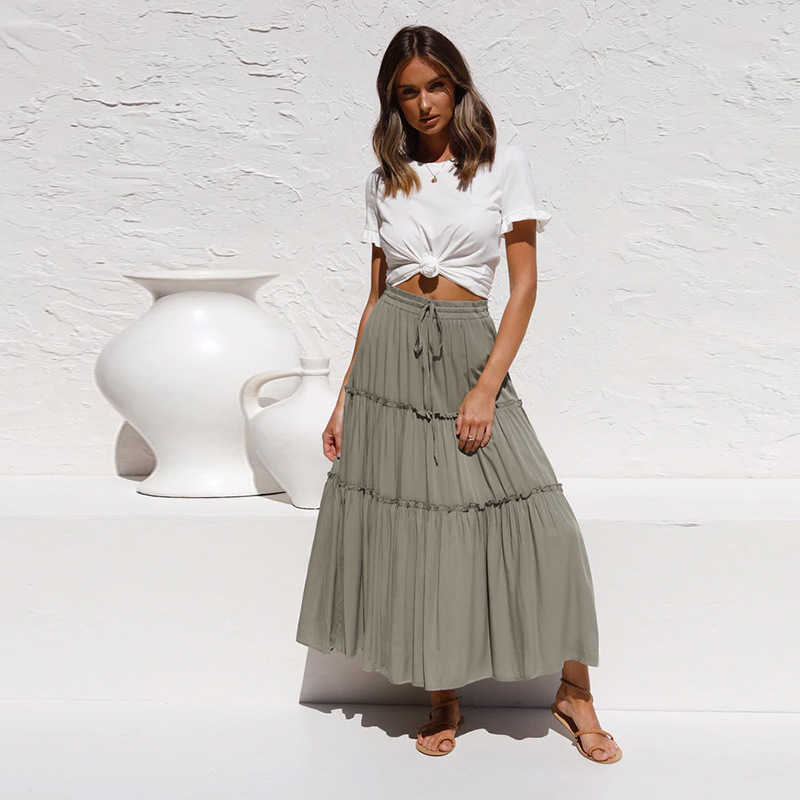 Pleated Skirt Women Summer Casual Lace-Up Elastic Waist Midi Woman Patchwork Ruffles High s Falda Plisada Mujer 210621