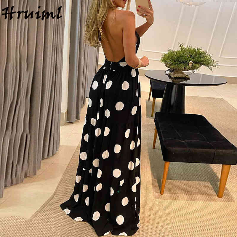 Women's Summer Sundresses Halter High Waist Leopard Plok Dot Print Long Dress Party A Line Casual Elastic 210513