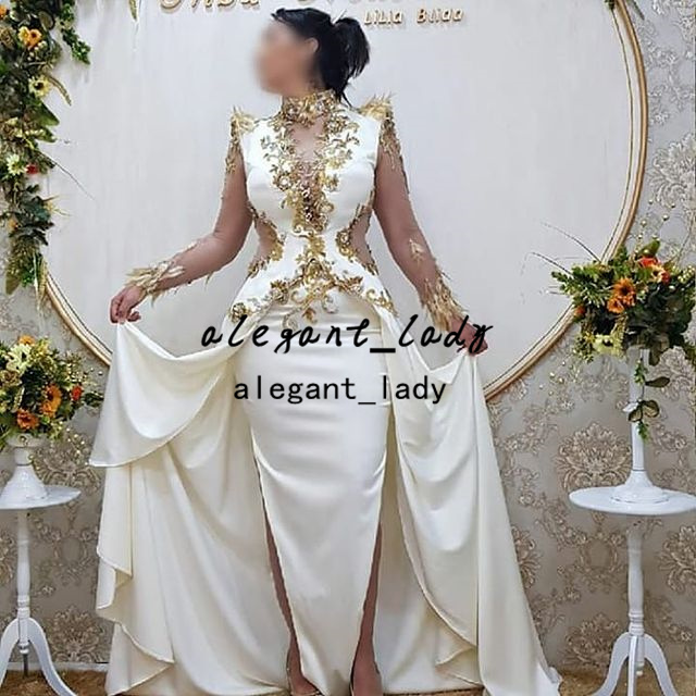 White Mermaid Aso Ebi Arabic Evening Pageant Dresses with Overskirt 2022 Gold Applique Long Sleeve Karakou Algerie Prom Dress