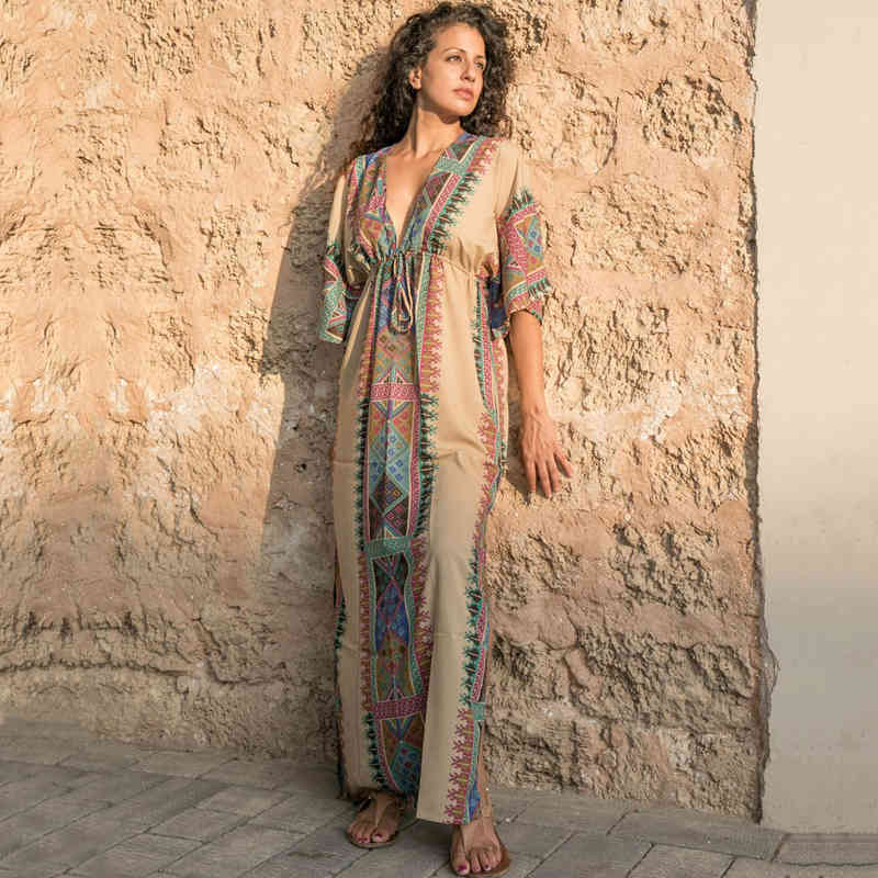 100% Cotton Tunic Pink Indie Folk Print Plus Size Kaftan Sexy Deep V-neck V-back Beach Dress Women Beachwear Swim Cover-ups Q645 210420