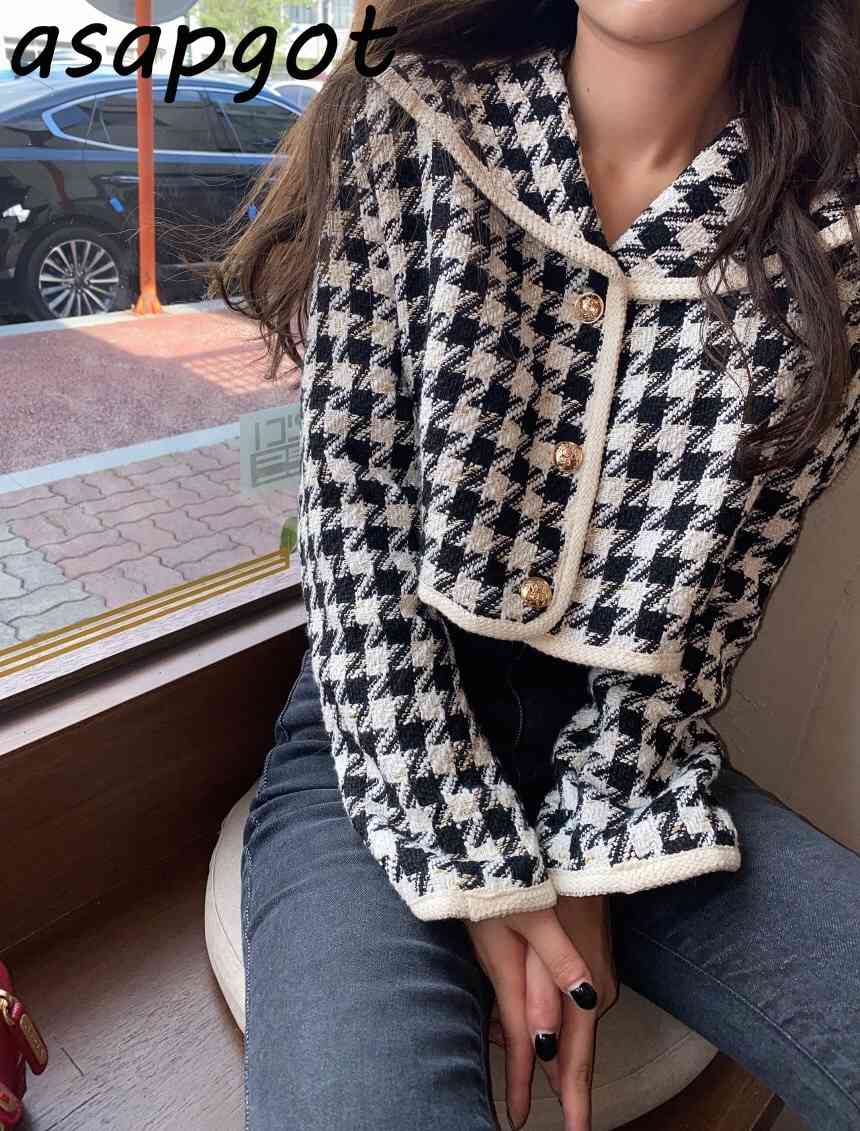 Coats & Jackets Women's Clothing Chic Korean Vintage Long Sleeve Black White Contrast Color Sailor Collar Plaid Jacket Short 210429