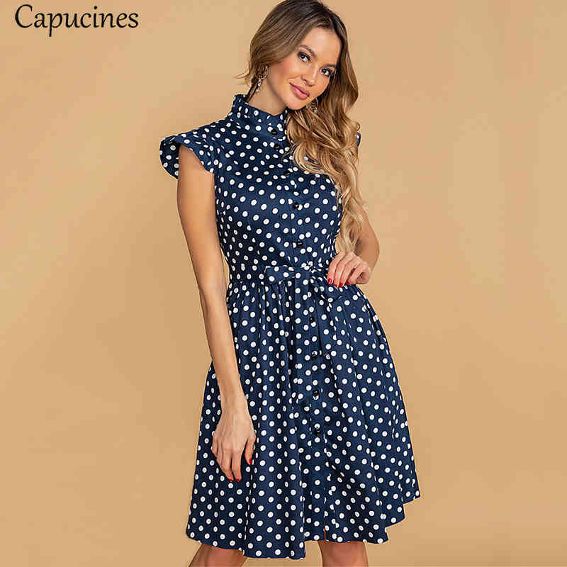 Capucines Ladies Vintage Ruffles Stand Collar Summer Dress Polka Dot Print Single Breasted Sashes A line Mini Dresses For Women 210409