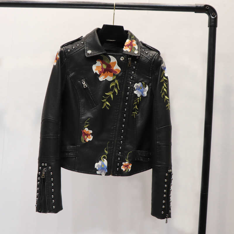 LY VAREY LIN Spring Women Floral Print Embroidery Faux Leather Jacket Turn-down Collar Pu Motorcycle Black Punk Outerwear 210526