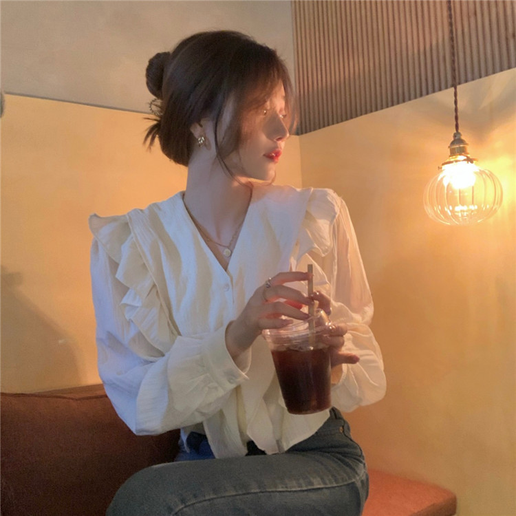 Nomikuma V-neck Ruffle Patchwork Blouse Tops Causal Long Sleeve Women Shirts Spring New Sweet Blusas Feminimos 6E067 210427