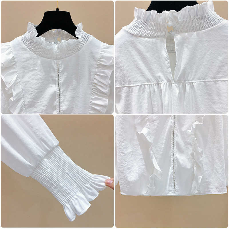 Solid Pleated Ruffles Patchwork Stand Shirt for Women's Spring Blouse 210615