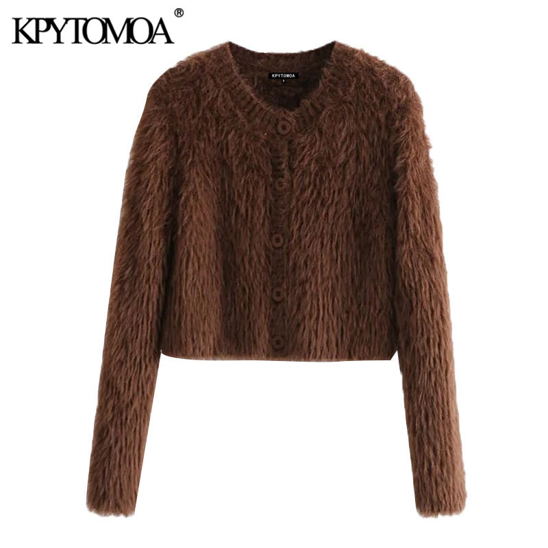 Women Fashion Faux Fur Soft Touch Cropped Knitted Cardigan Sweater Long Sleeve Female Pullovers Chic Tops 210420