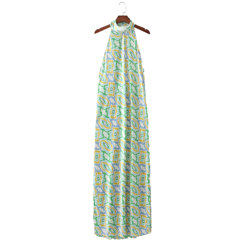 Casual Woman Green Halter Print Long Dress Summer Fashion Ladies Backless Beach es Female Sleeveless Midi 210515