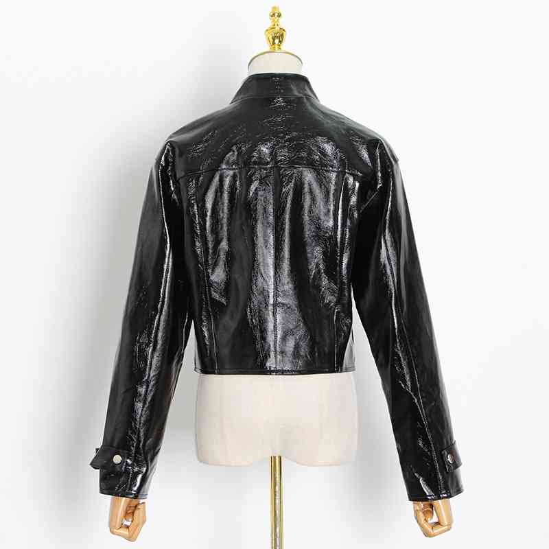 VGH Casual Moto Jacket For Women Stand Collar Long Sleeve Solid Minimalist Short Tops Female Autumn Fashion New Clothing 210421