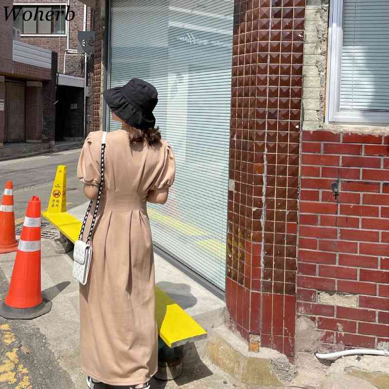 Vintage Puff Sleeve Dress Midi Summer A-Line Women Elegant Vestidos Largos Verano Robe Korean Solid Dresses Elegante 210519