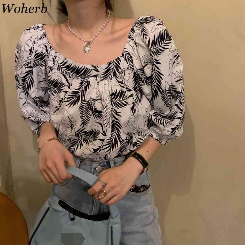 Leaf Printed Chiffon Shirt Women Square Collar vintage Blouses Loose Puff Sleeve Korean Tops Slim Thin Temperament Blusas 210519