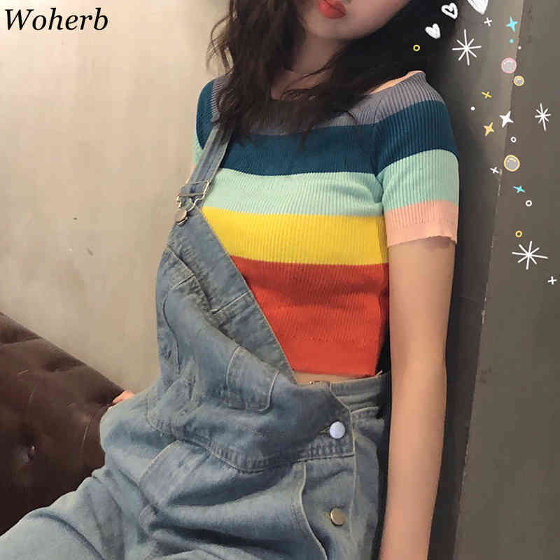 Summer Knitted Basic Solid T-shirt Women Casual Rainbow Striped Short Sleeve Tee-Shirts Female Tops Korean Chic Fashion 210519