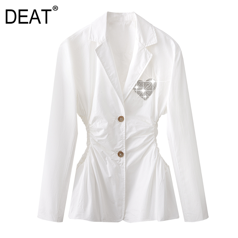 DEAT Women White Patchwork Diamonds Hollow Out Blazer New Polo-neck Long Sleeve Slim Fit Jacket Fashion Tide Summer 7E1045 210428