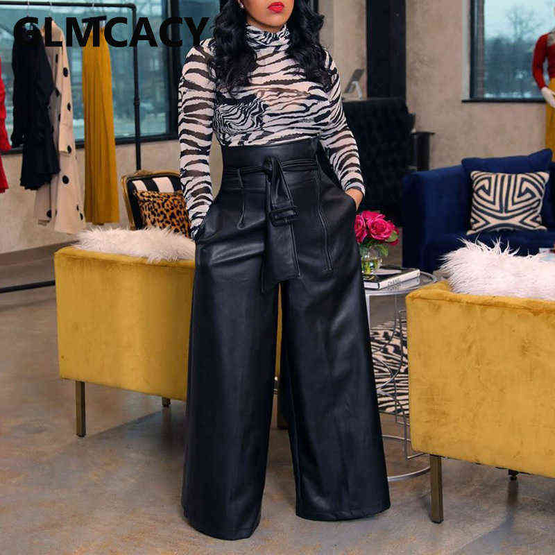 Women High Waist PU Leather Pants Classy Wide Leg Trousers 211115