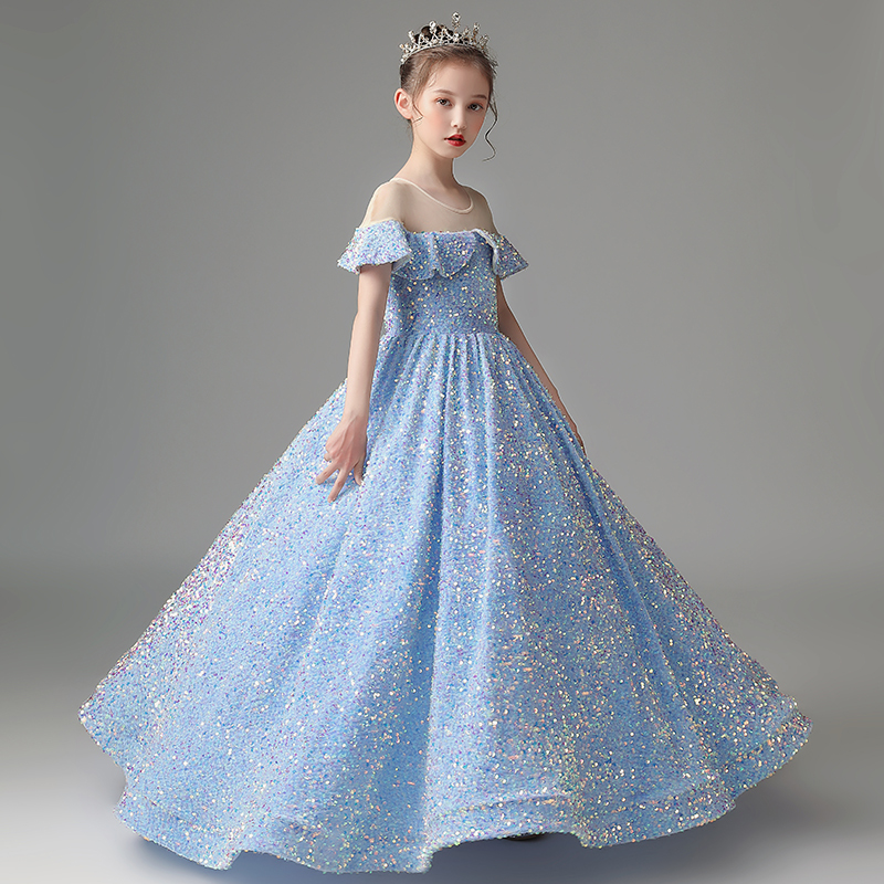 Fancy Light Sky Blue Flower Girls' Dresses Sheer Neckline Sparkling Shining Sequins Fabric Ball Gown Girl's Party Gowns