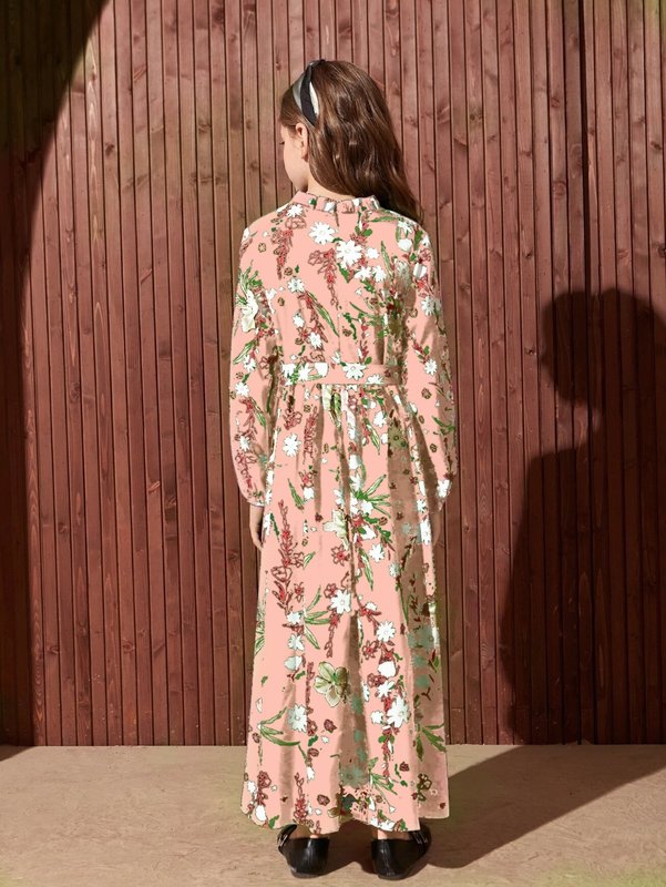 Girls Floral Print Lantern Sleeve Belted Dress SHE