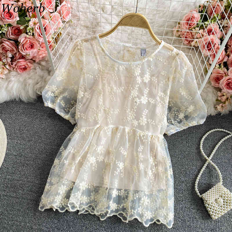 Blusas Mujer De Moda Summer Korean Blouses Elegant Puff Sleeve Crochet Hollow Lace Shirt Slim Two Piece Sets Women 210519