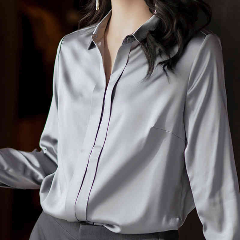 Casual Long Sleeve Single Breasted Blouse Spring Autumn Silk Satin Shirt Women Solid Vintage Ladies Clothing 12283 210415