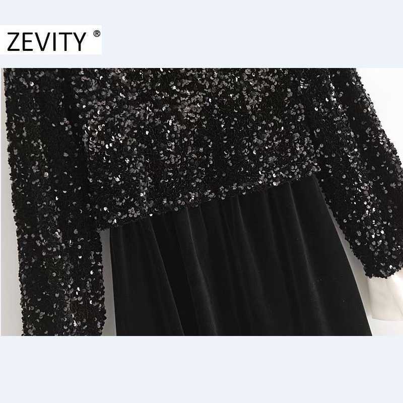 Zevity High Street Women Sweet Ruffles Peter Pan Collar Patchwork Sequins Mini Dress Female Black Velvet Casual Vestidos DS4583 210603