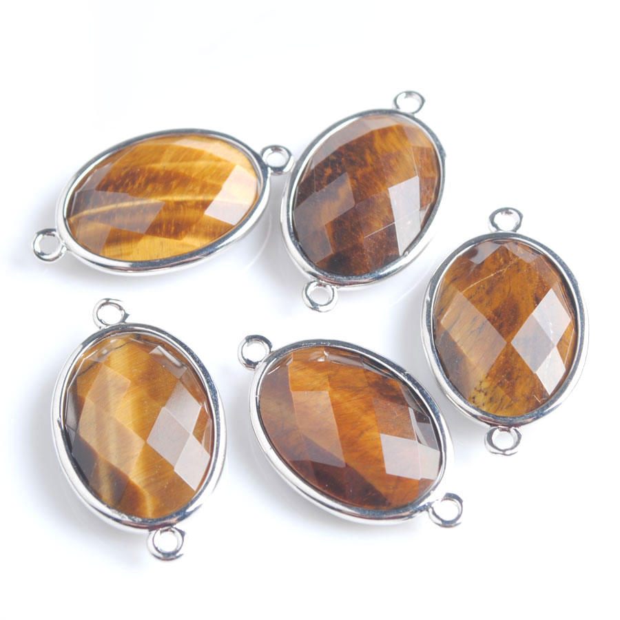 WOJIAER Silver-color Double Hole Egg-shaped Faceted Natural Stone Gem Beads for DIY Earring Connector Handcrafted Jewelry BZ902