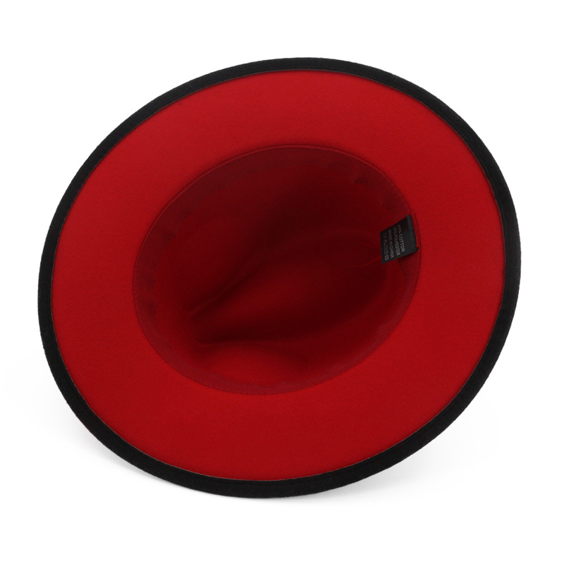 European US Mens Women Black Red Patchwork Jazz Fedoras with Ribbon Wool Felt Fedora Wide Brim Panama Style Hat for Festival T200118