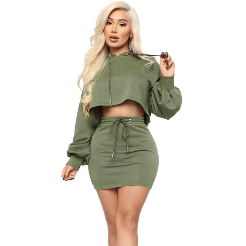 Spring Autumn Two Piece Skirt Set Women Hooded Long Sleeve Sweatshirt Crop Top And Mini Casual Club 2 Outfits Women's Tracksuits