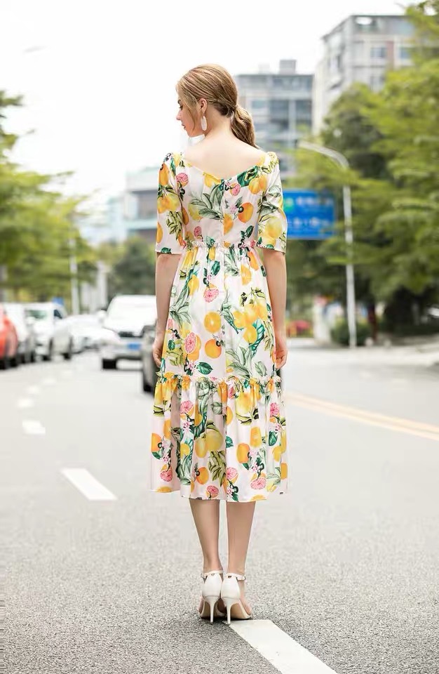 runway celebrity style summer holiday beach square collar short sleeve tropical lemon floral printed midi ruched dresses 210421