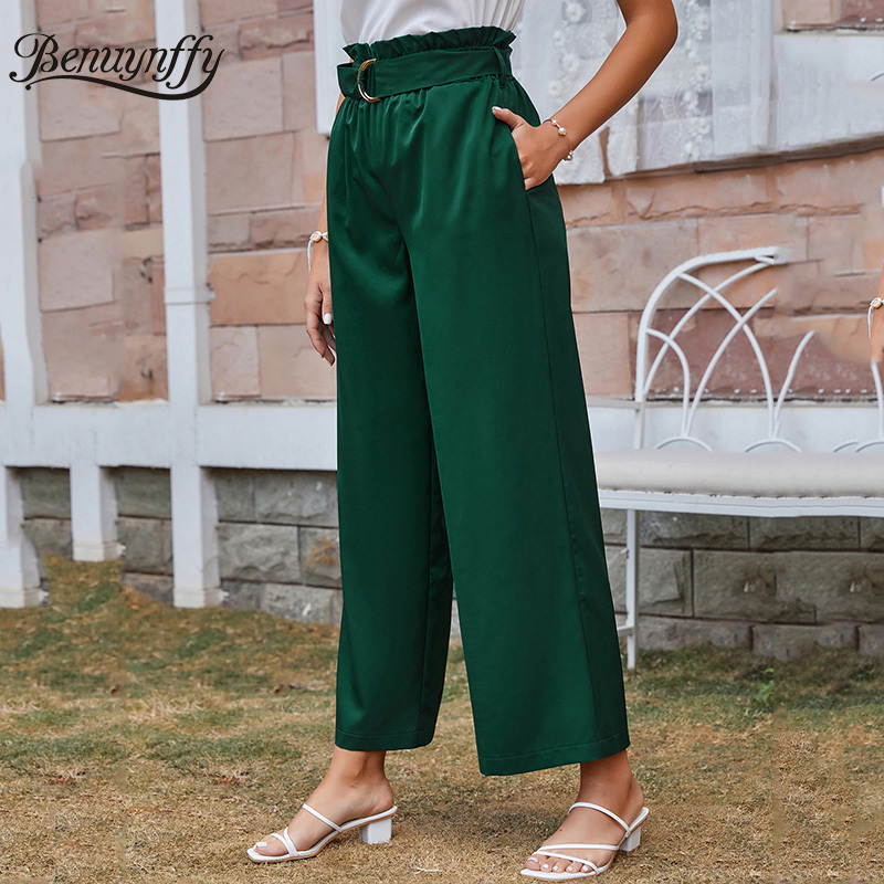 Paperbag Waist Solid Wide Leg Pants Summer Clothes for Women Vintage Pocket Office Ladies Elegant Belted 210510