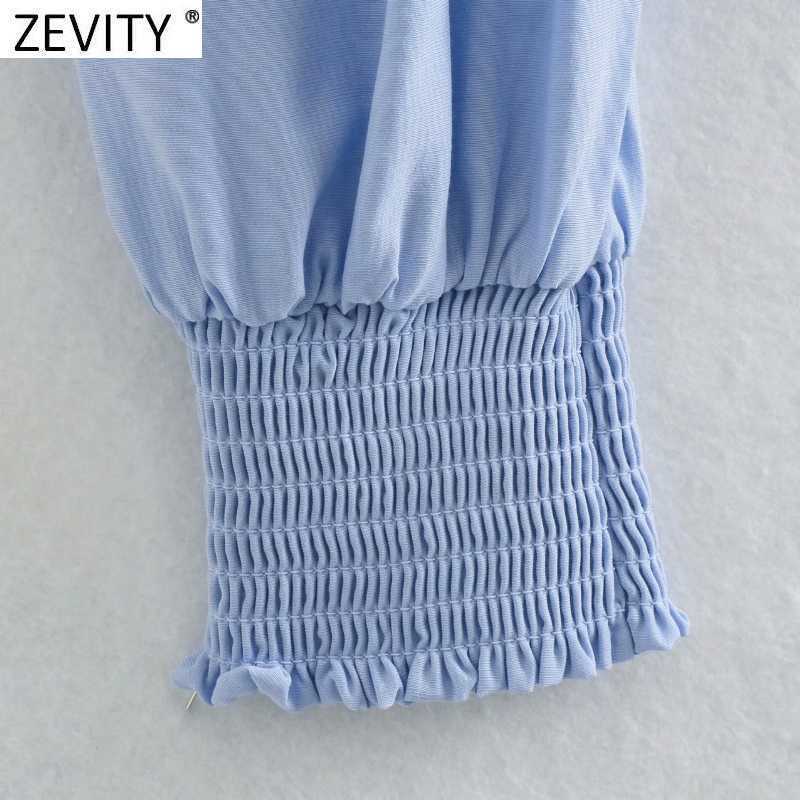 Zevity French Style Women V Neck Solid Color Short Shirt Femme Puff Sleeve Hem Elastic Pleated Slim Blouse Chic Crop Tops LS9347 210603