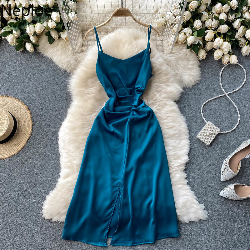 Neploe Ladies Dress Summer Temperament Fold Slim Suspender Dresses Solid Color Slim Fit High Waist Robe Fashion Split Vestidos 210422
