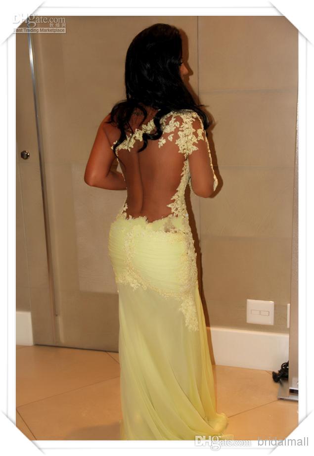 Yellow Mermaid Oscar Lace Sleeve Prom Sheer Chiffon Evening Gowns Long Celebrity Red Carpet Dresses One Shoulder Neckline