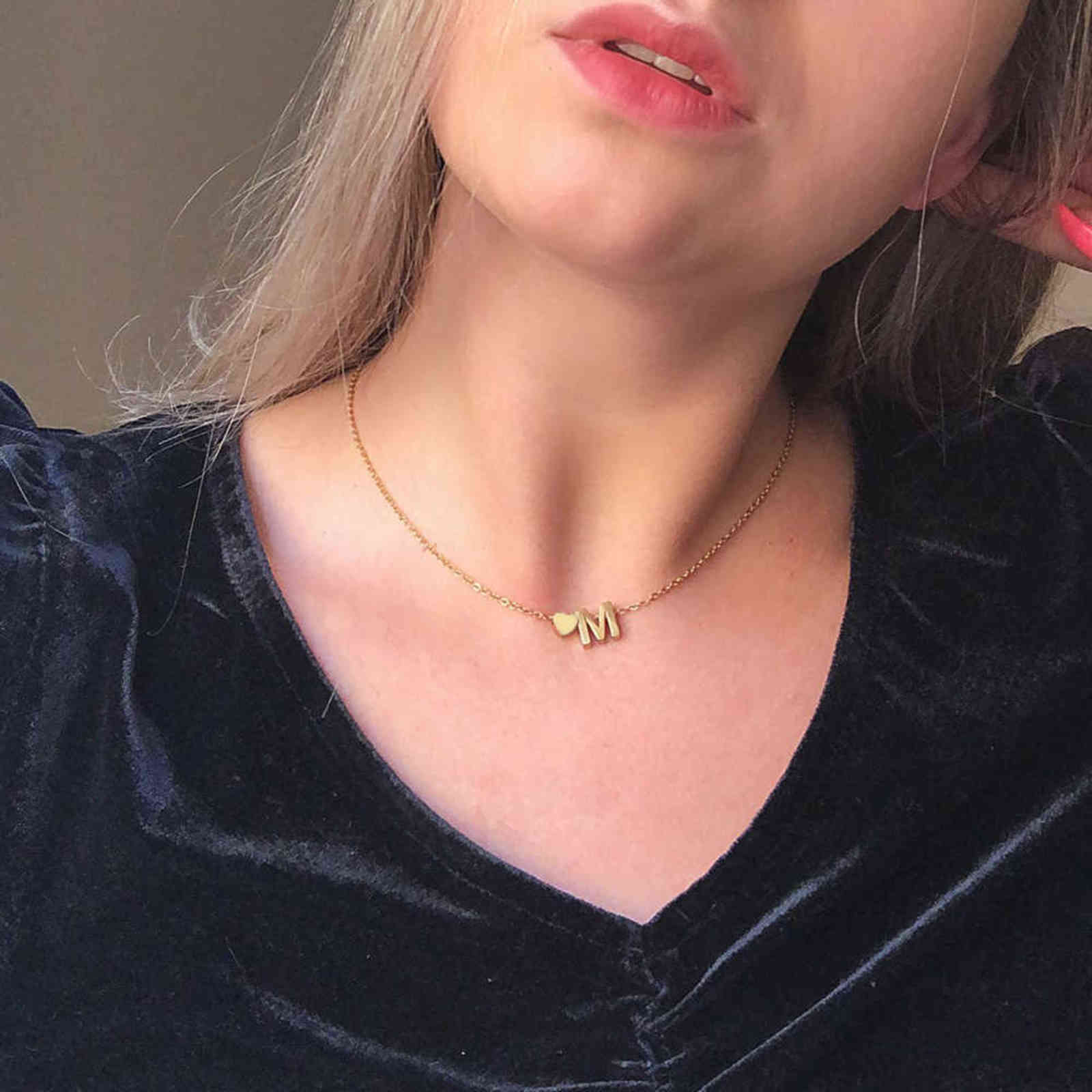Fashion Tiny Heart Initial Necklace Gold Silver Color Stainless Steel Letter Name Choker Necklace For Women Pendant Jewelry Gift H1125