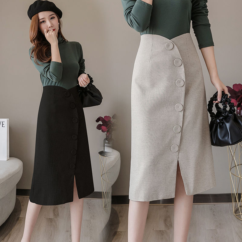 Arrival Autumn Korea Fashion Women High Waist Single-breasted Asymmetrical Long Skirt Elegant Slim OL Skirts S290 210512