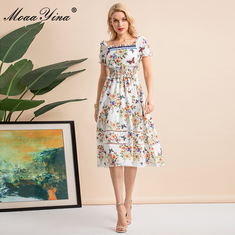 Summer Fashion Beading Printed Elegant Vacation Midi Dress Women's Elastic waist Floral Vintage Party 210524