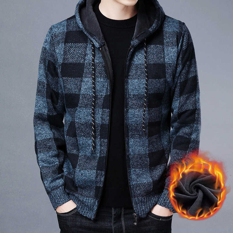 ZITY Men's Sweater Coat Autumn Winter Thick Warm Hooded Plaid Sweater Cardigan Jumpers Zipper Fleece Coat Men Clothing 211008