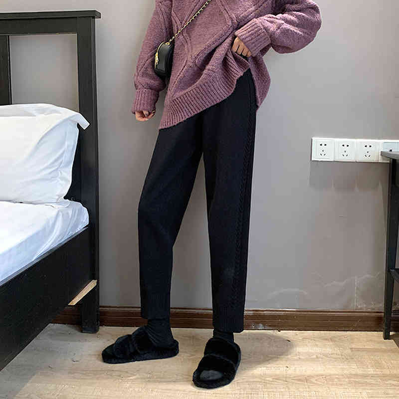 Nomikuma Autumn Winter Knitted Women Pants Lace Up Stretch High Waist Ankle Trousers Causal Solid Sweater Pants Femme 6D200 210427