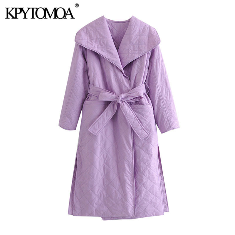 Women Fashion With Belt Loose Parkas Wrap Padded Coat Long Sleeve Side Vents Female Outerwear Chic Overcoat 210420