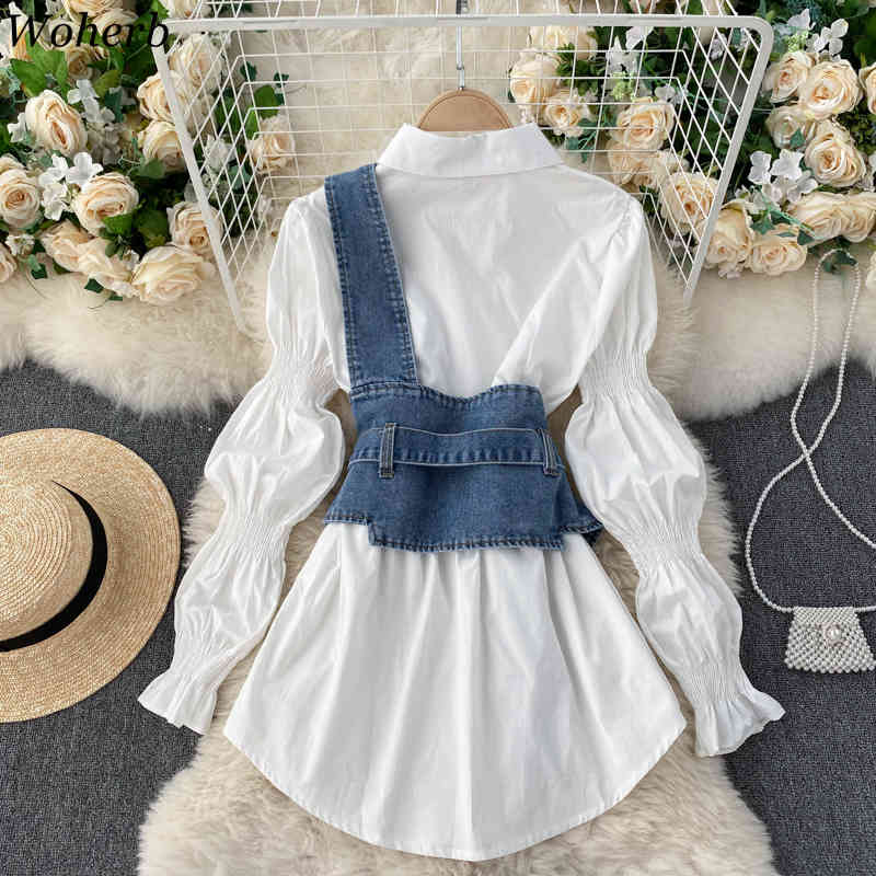Blouse Women Puff Sleeve Turn-down Collar White Shirts Denim Sling Vest Tops Korean Fashion All-match Blouses Blusas 210519