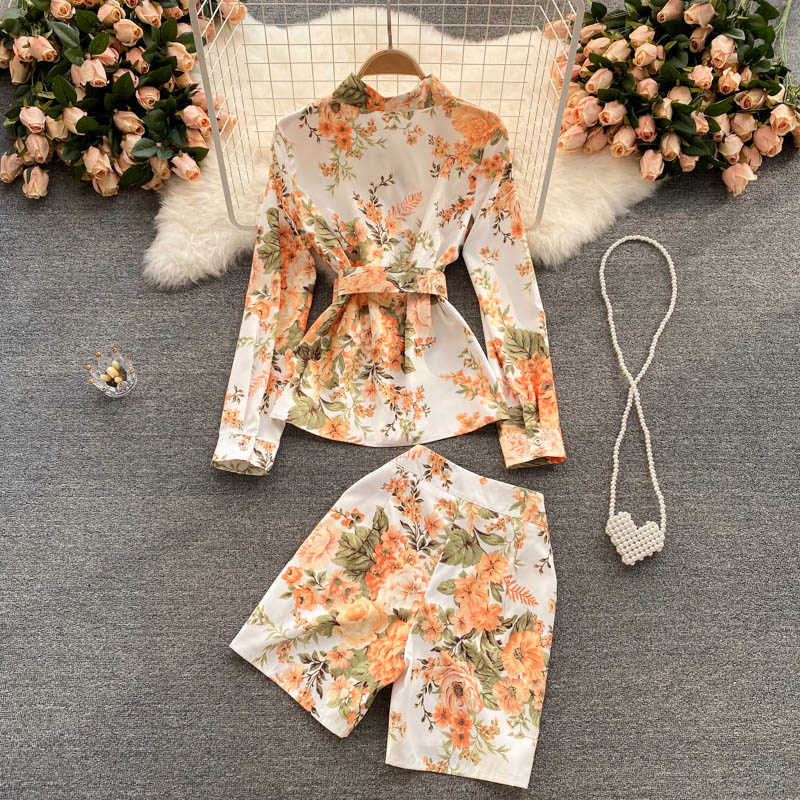 DEAT Women Lapel Long Sleeve Printing Shirt Shorts Arrivals Two Piece Set Temperament Fashion Spring Summer 11D1561 210709