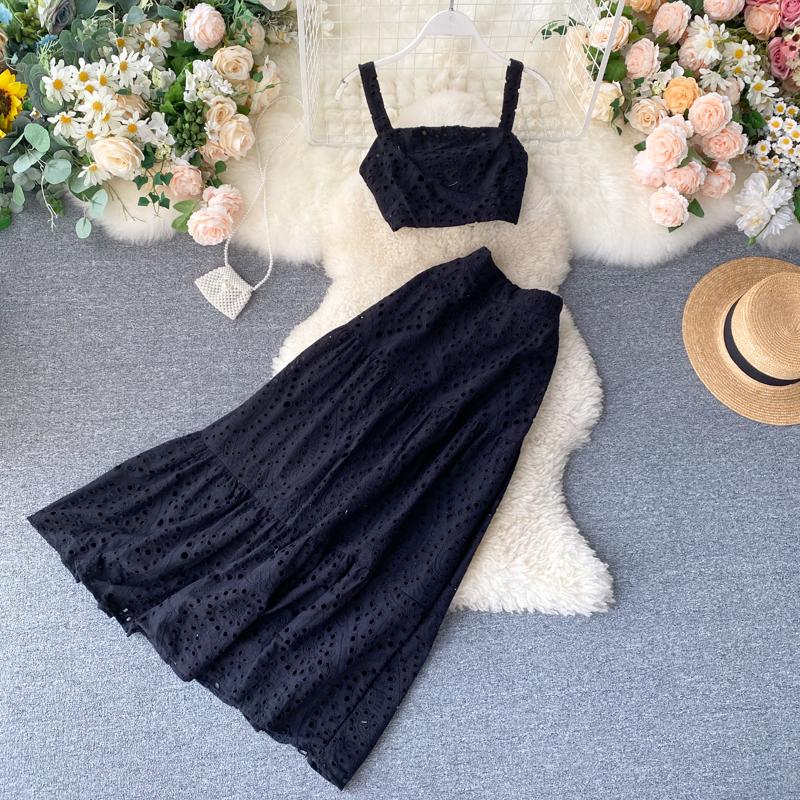 Fashion Women Outfit 2021 Summer Hollowing Beach Two Piece Sets Woman Zipper Sexy Crop Tops Skirts Suit Ladies Clothing Dress
