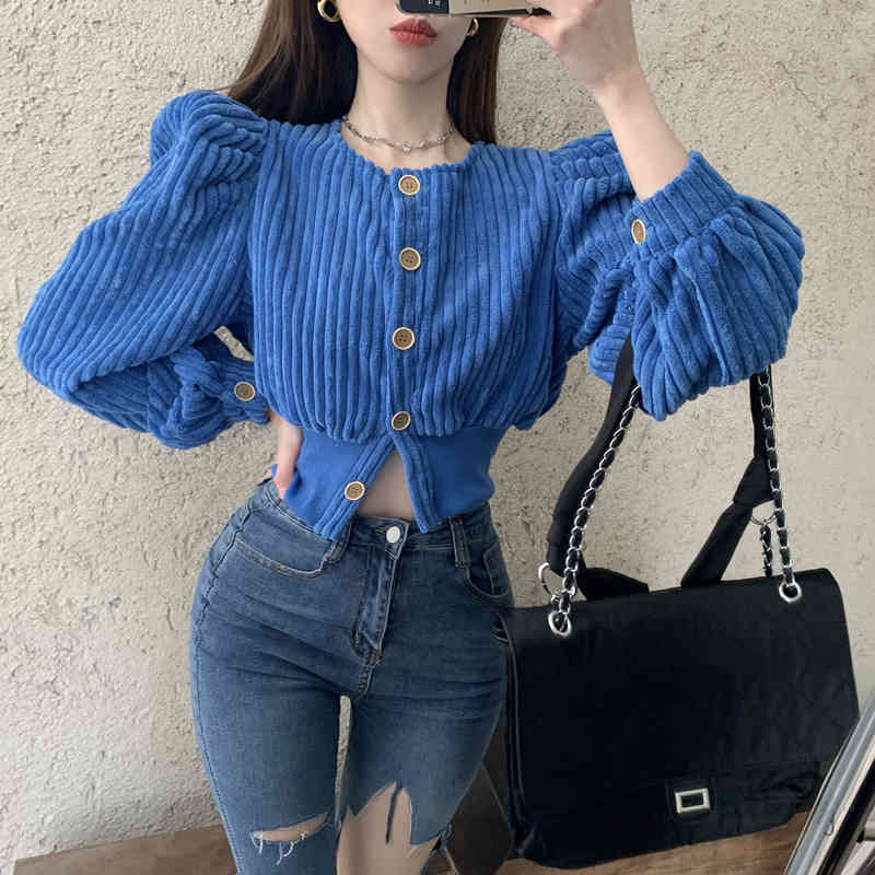 Spring Women Fashion Solid Color Corduroy Round Neck Single Breasted Long Puff Sleeve Casual Slim Short Jacket Coat Female 210519