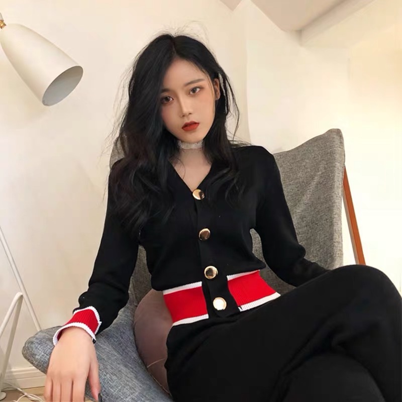 Winter Knitted Sweater Dress Women A-line Patchwork Color V-neck Long Sleeve Midi Elegant Ladies Vestidos 210421