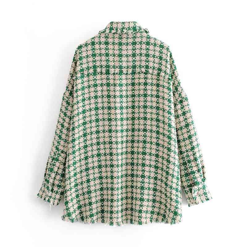 Stylish Green Check Plaid Woolen Shirt Jackets Warm Women Fashion Pockets Turn-down Collar Cute Girls Oversize Coat Streetwear 210429