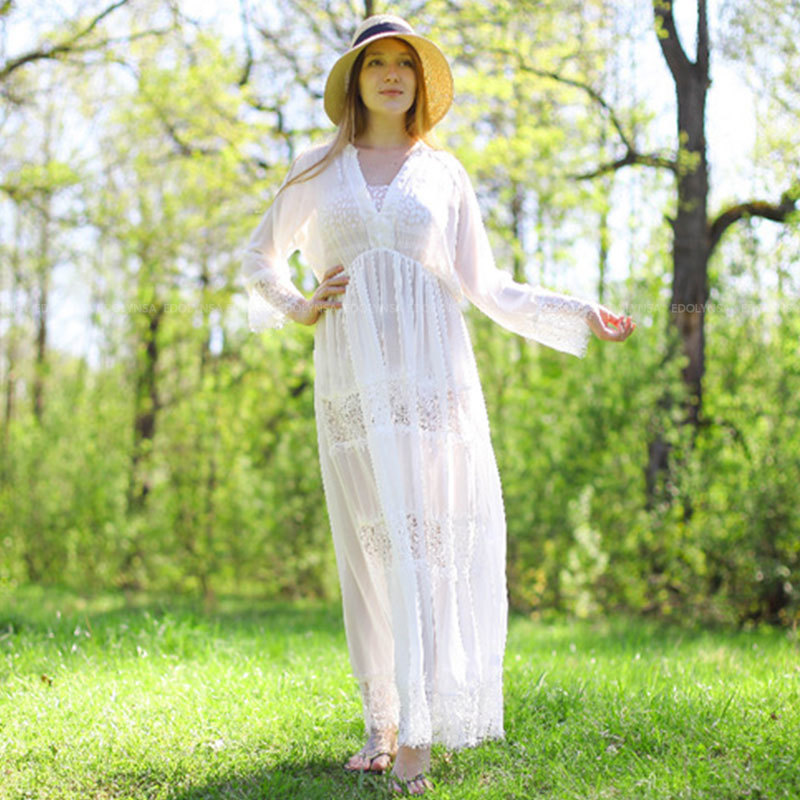 Swimwear Cover-ups Sexy V-neck Summer Beach Dress White Lace Tunic Women Plus Size Beachwear Swim Suit Cover Up Q988 210420