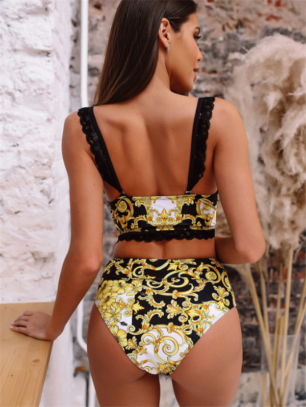 Women Vintage Retro Bikini Set Split Swimsuit Lace Strap Push Up Swimwear High Waist Printed Bathing Suits Summer Beach Wear Swimming Suit B4