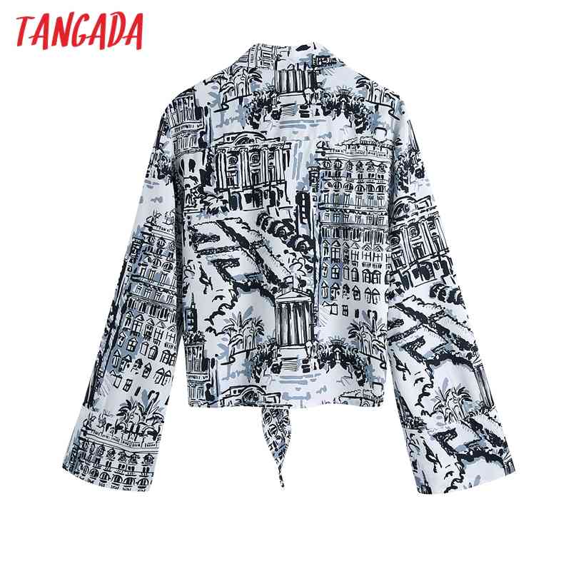 Women Fashion Bow Printed Crop Blouses Vintage Long Sleeve Button-up Female Shirts Blusas Chic Tops BE411 210416