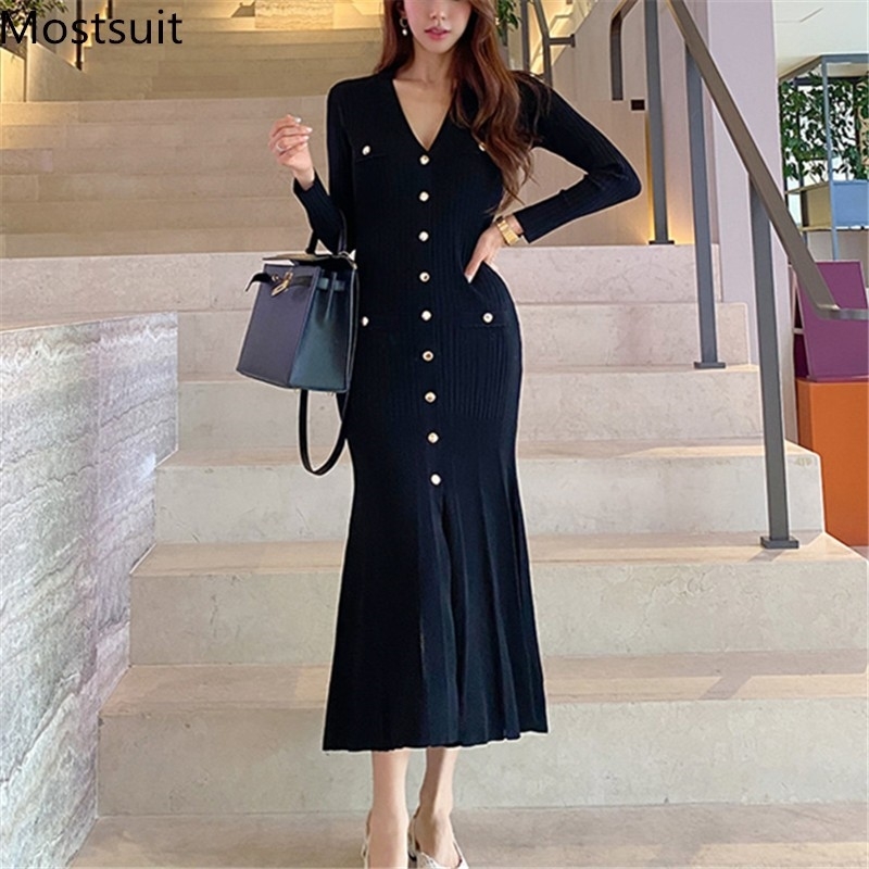 Black Korean Single-breasted Long Dress Women Sleeve V-neck Mermaid Dresses Elegant Fashion Ladies Vestidos Femme 210518
Black Korean Single-breasted Long Dress Women Sleeve V-neck Mermaid Dresses Elegant Fashion Ladies Vestidos Femme 210518