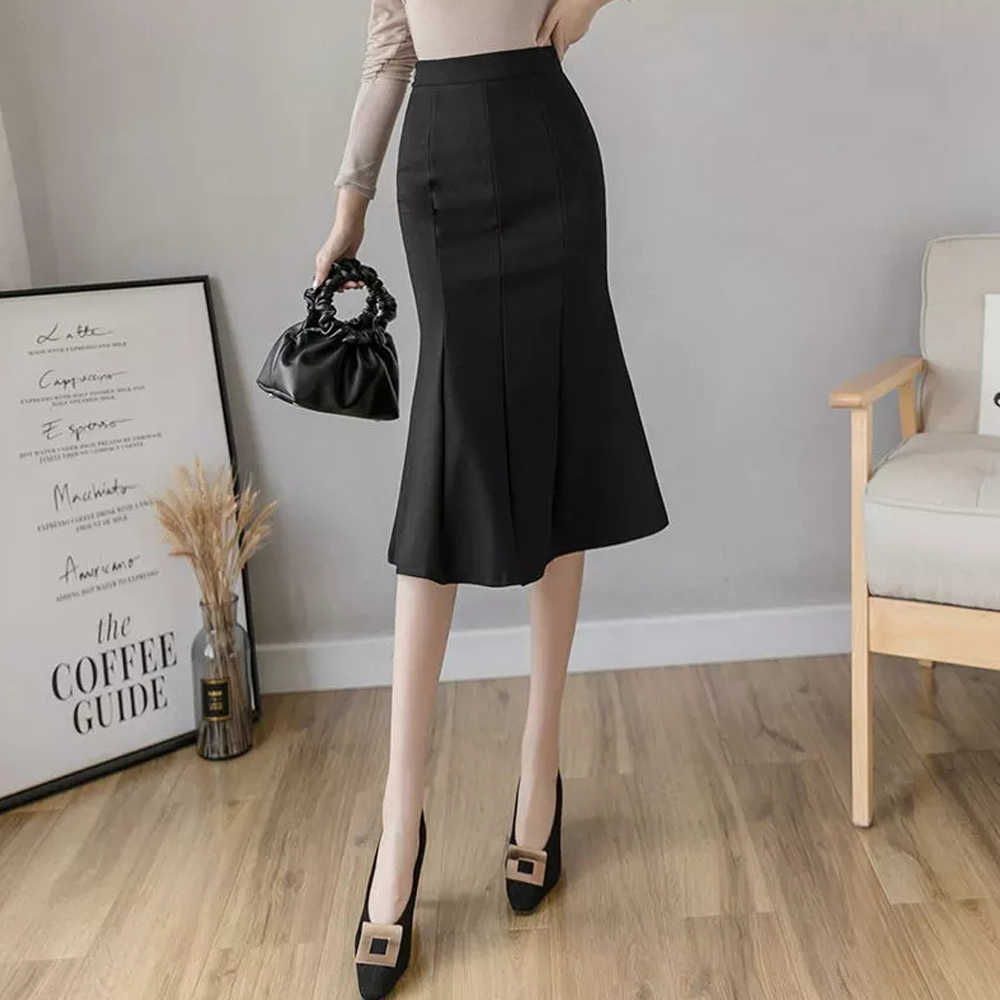 Women High Waist Midi Skirts Plus Size Ruffles Black Khaki Beige Office OL Skirt Fashion Package Hip Mermaid Womens 210619
