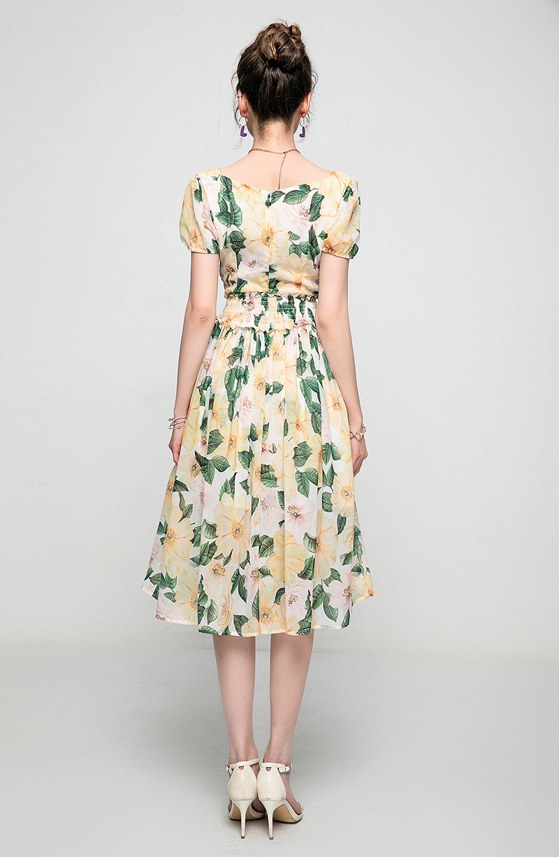 Women's Runway Dresses V Neck Short Sleeves Floarl Printed Elastic Waist Fashion Casual Mid Dress Vestidos