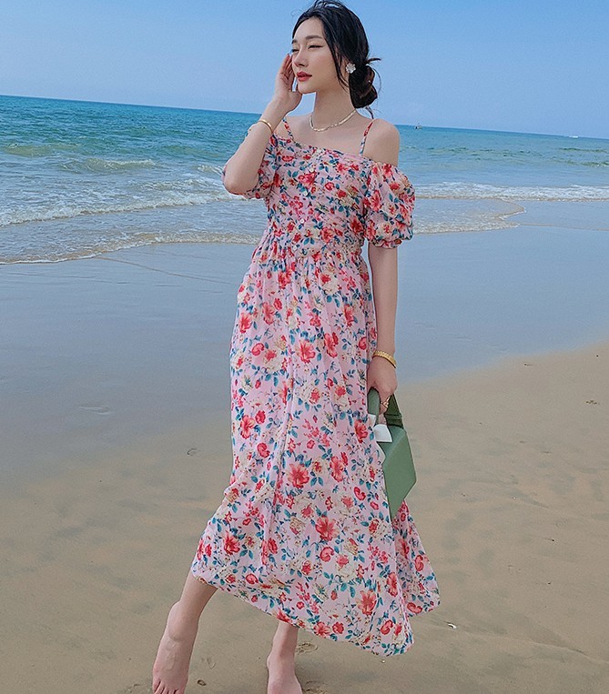Summer Women Fashion Floral Print Spaghetti Strap Chiffon Dress Sexy Off Shoulder Beach Boho Long 210519
